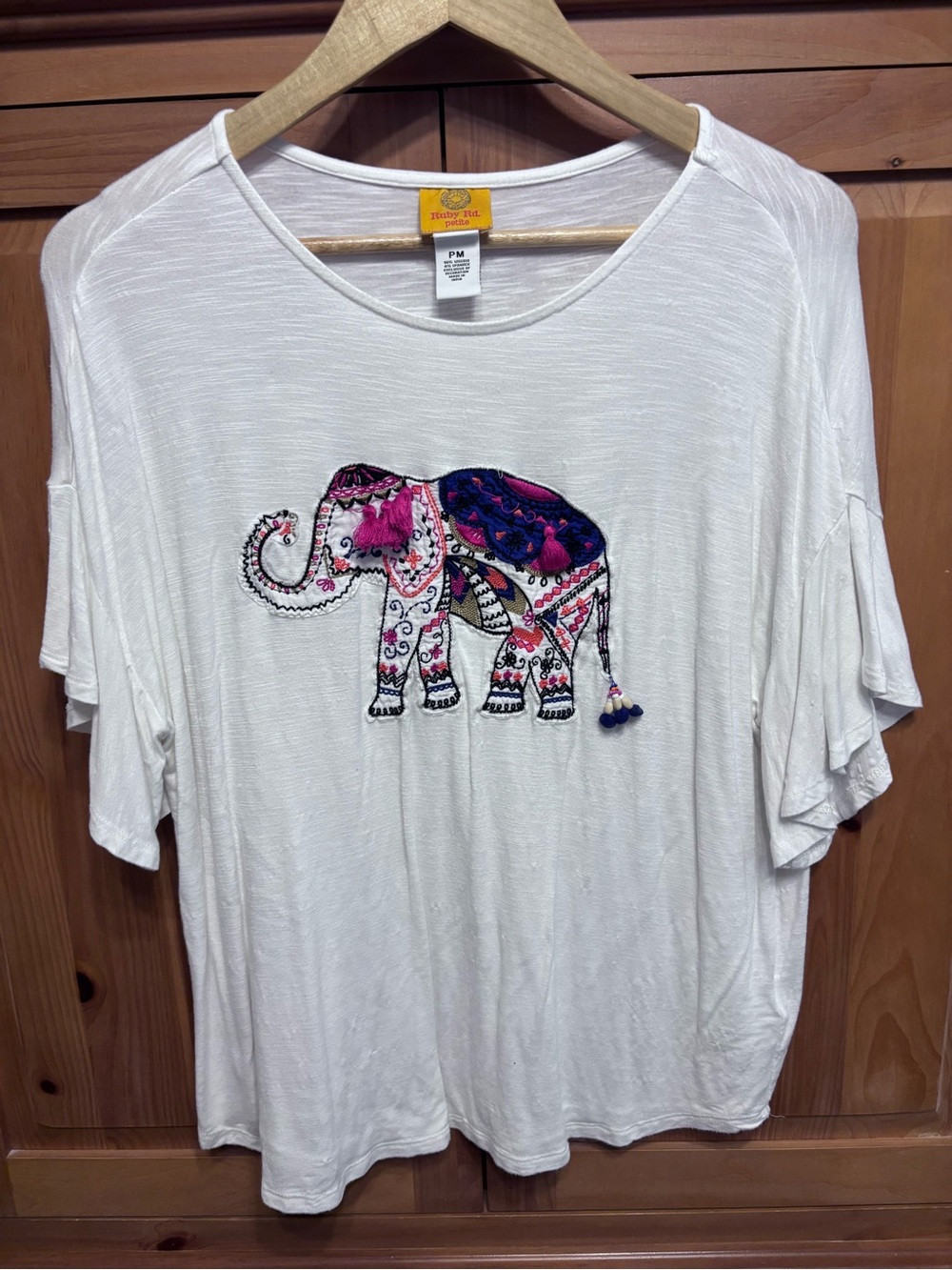 Ruby Rd. White Short-Sleeve Tee with Pink and Navy Embroidered Elephant